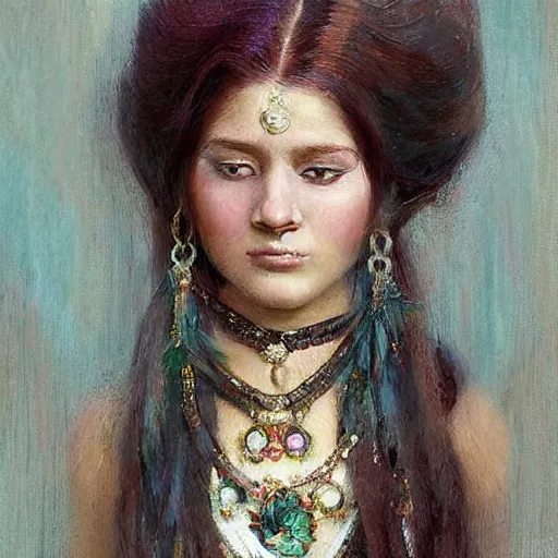 Prompt: A beautiful kinetic sculpture. She coalesces into a tall woman in a white dress, diamonds around her neck, hair carefully arranged in auburn waves, young and old at the same time. Indian, viridian by Tom Roberts, by Bayard Wu turbulent