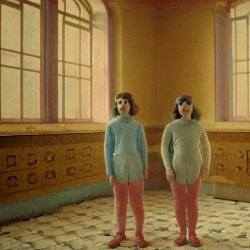 Image similar to twins in an soviet golden liminal abandoned room, film still by wes anderson, depicted by balthus, limited color palette, very intricate, art nouveau, highly detailed, lights by hopper, soft pastel colors