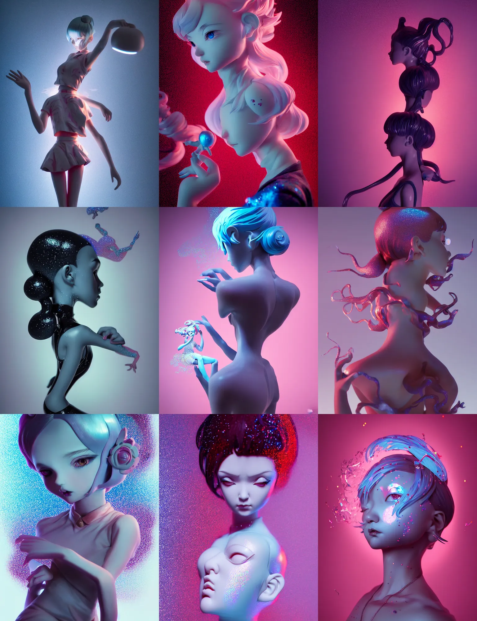 Prompt: james jean, ilya kuvshinov isolated magical hairstyle vinyl figure, figure photography, dynamic moving pose, glitter accents on figure, holographic undertones, anime stylized, high detail, ethereal lighting, rim light, expert light effects on figure, sharp focus, impactful composition and glowing effects unreal engine, octane, editorial awarded design