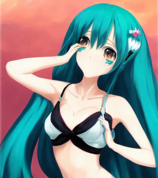 Prompt: Anime art very beautiful Hatsune miku by Gil Elvgren, Vladimir Volegov, Earl Moran, Enoch Bolles, Lois van baarle, symmetrical shoulders, tiny black bra