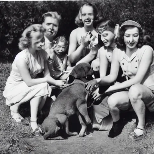 Prompt: 1940s photograph of a tribe of humans worshipping a puppy, award-winning