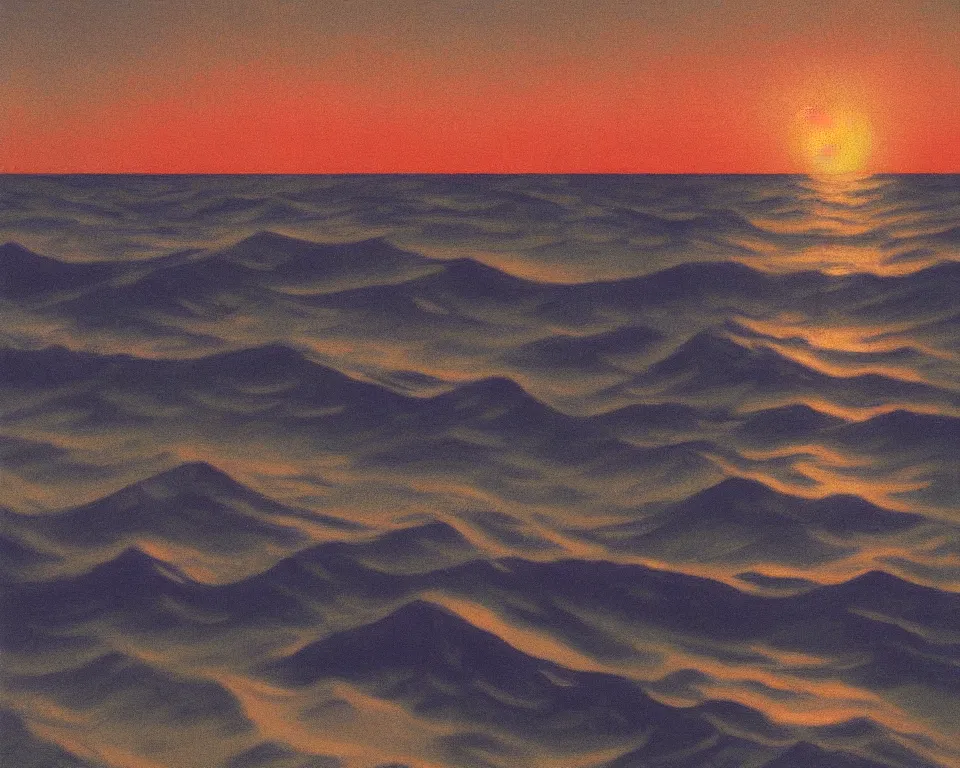 Image similar to an achingly beautiful print of an ocean sunset by Raphael, Hopper, and Rene Magritte. detailed, romantic, enchanting, trending on artstation.