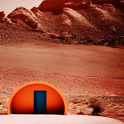 Prompt: a man wearing a salmon hoodie sitting outside a Non-Euclidean orb-like clay house sitting in the desert, vintage photo, beautiful cinematography, blue sky, film grain, James Turrell