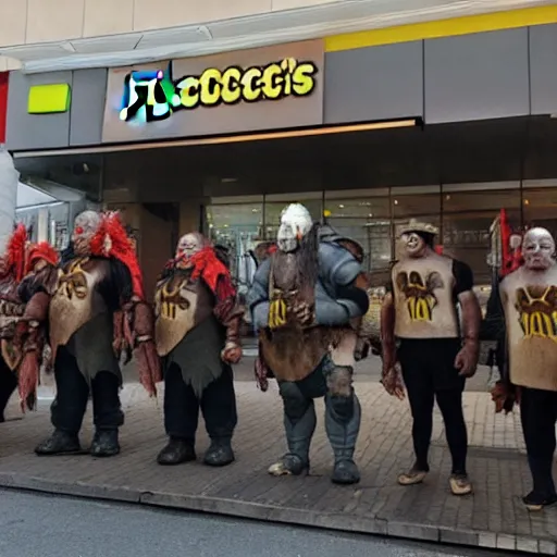 Prompt: orcs standing outside of a McDonald’s, protesting, the working conditions