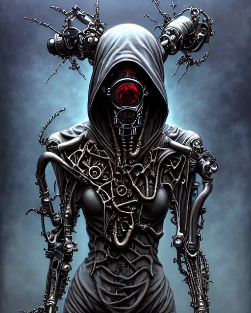 Image similar to front shot of a cyberpunk hooded dead biomechanical demon in gasmask mastermind character, intricate, elegant, highly detailed, centered, (((artstation, concept art, smooth, sharp focus, artgerm, Tomasz Alen Kopera, Peter Mohrbacher, donato giancola, Joseph Christian Leyendecker, WLOP, Boris Vallejo))), mugshot!!!!!, ugly!!!!!!, octane render, nvidia raytracing demo, grainy, muted