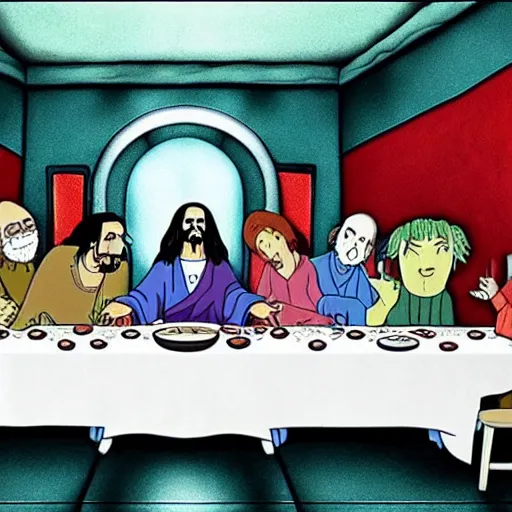 Image similar to The last supper by tim burton, studio ghibli, 4K, OLED, excellent detail, masterpiece