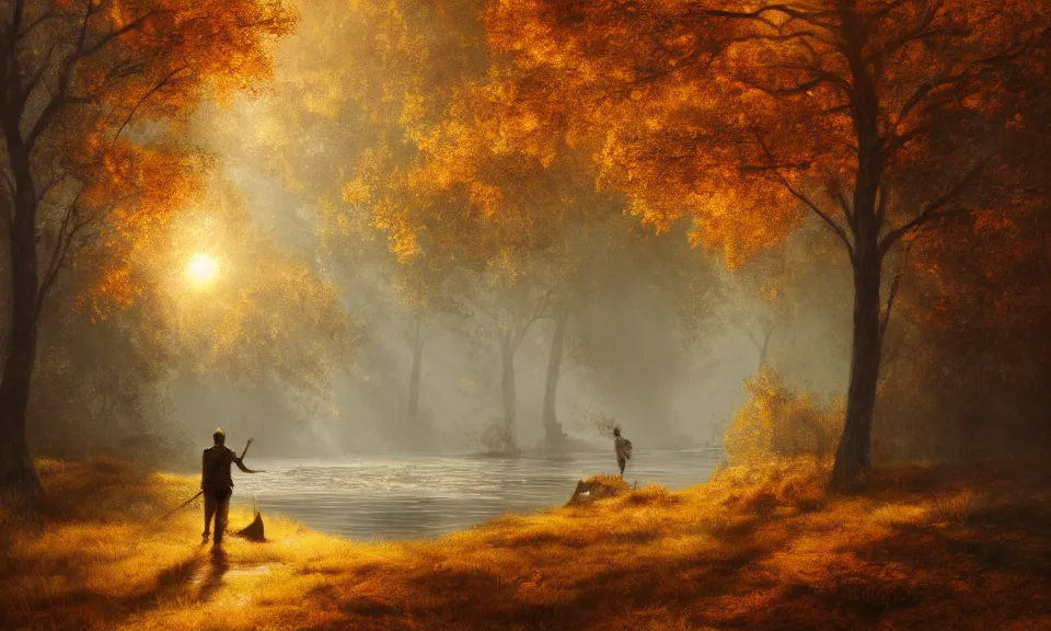 Prompt: A legend of kora background painting of an adventurer walking along the river bank in a forest during the golden hour in autumn, surrounded by dust and volumetric light shining through the tree tops