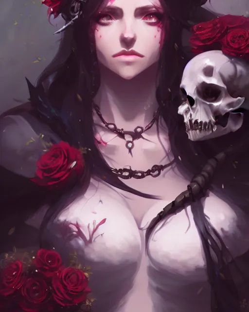 Prompt: dressed dark sorceress surrounded by skulls and roses, atmospheric, cushart krenz, very detailed, realistic face, detailed face, matte, tonemapping, bbwchan, perfection, 4 k, cushart krenz