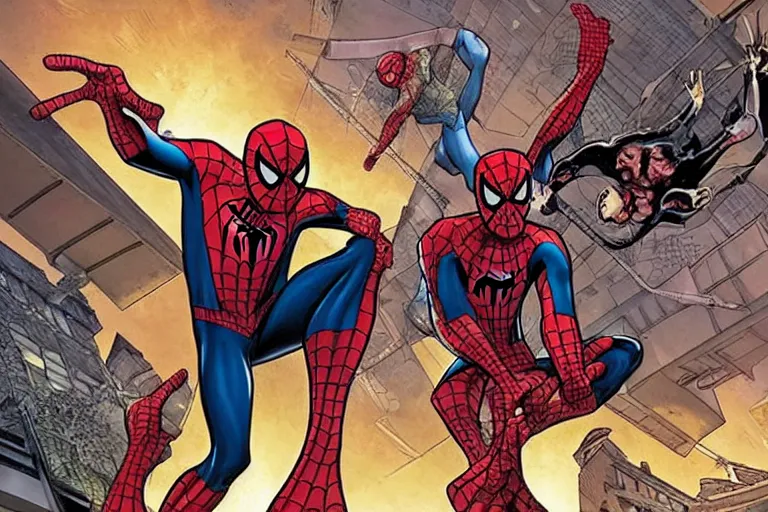 Image similar to spiderman multiverse variants battling for MJ