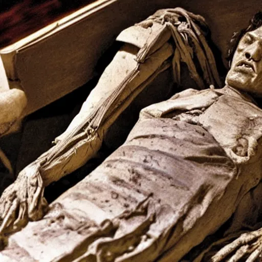 Image similar to beethoven's mummified corpse in a casket, close up shot.