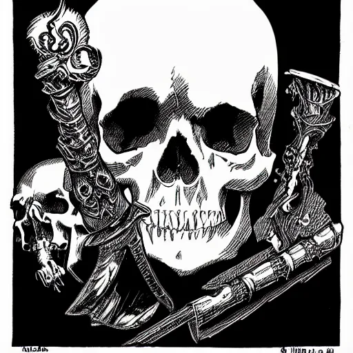 Image similar to A skull with a sword through it. Centered, Dark Fantasy, Film Noir, Black and White. High Contrast, Mike Mignola, D&D, OSR