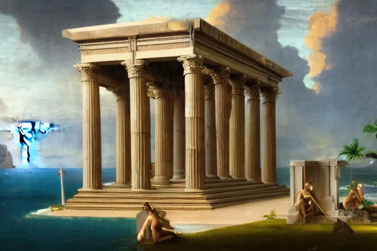 Image similar to Doric temple on front of balustrade and palace columns, refracted lightnings on the ocean, thunderstorm, tarot cards characters, beach and Tropical vegetation on the background major arcana sky and occult symbols, by paul delaroche, hyperrealistic 4k uhd, award-winning, very detailed paradise