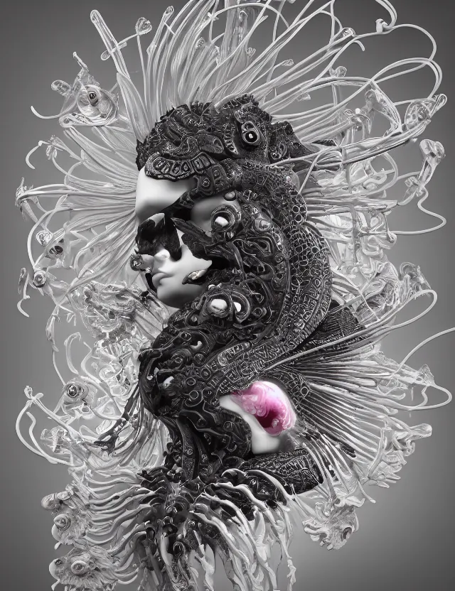 Image similar to 3 d goddess close - up profile portrait with ram skull. beautiful intricately detailed japanese crow jellyfish phoenix, bio luminescent, plasma kitsune mask and clasical japanese kimono. betta fish, jellyfish phoenix, bio luminescent, plasma, ice, water, wind, creature, artwork by tooth wu and wlop and beeple and greg rutkowski