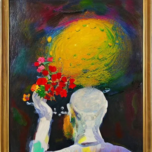 Image similar to man pouring water on head, flowers are in a pot on his head, the pot is part of his head, abstract expressionism, oil on canvas