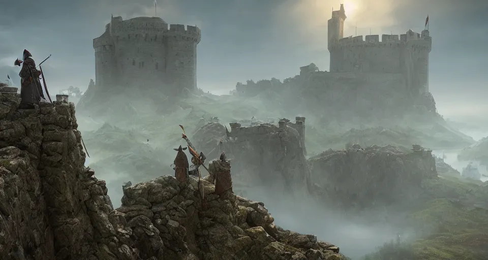 Image similar to three medieval soldiers atop a castle wall looking over a vast medieval kingdom rule by an evil king. it is a quiet morning. mist, epic, grimdark, cinematic, volumetric lighting, fantasy style, highly - detailed, unreal 5, realism