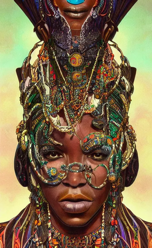 Image similar to upper half portrait of retro futuristic african tribal chief - embellished with vegetation and iridescent crystals, art by stanley artgem lau, design blocking by alphonso mucha, colouring by zdzisaw beksinski, highly detailed, digital painting, airbrush, concept art, illustration, smooth sharp focus, intricate, symmetry, artstation, colourful,