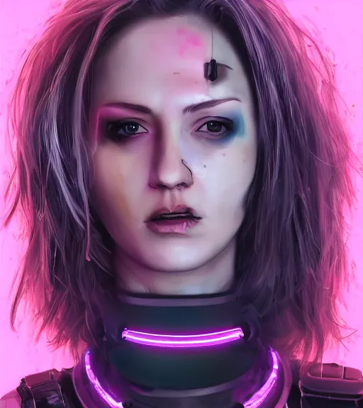 Image similar to detailed realistic female character cyberpunk wearing thick technological collar around neck, realistic, art, beautiful, 4K, collar, choker, collar around neck, punk, artstation, detailed, female, woman, choker, cyberpunk, neon, punk, collar, choker, collar around neck, cyberpunk, punk, neon