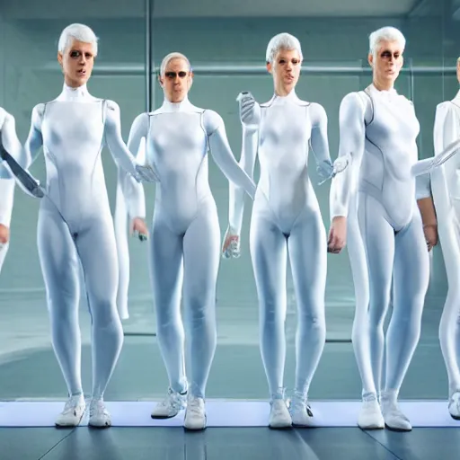 Prompt: line of six identical athletic female clones in formation, white hair, tight light blue neopren suits, elevated conveyor belt, futuristic chemistry lab, sci - fi, highly detailed, cinematic