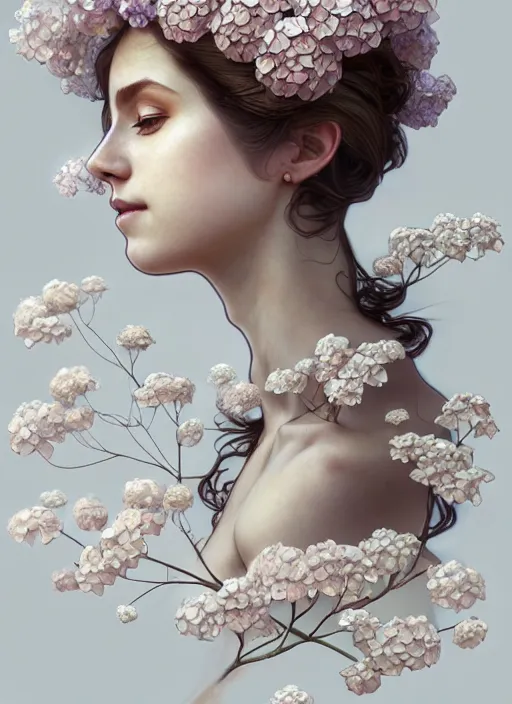 Prompt: realistic photographic perfect portrait of a anthropomorphic hydrangea blossom, fantasy, wind blowing hair, intricate, elegant, highly detailed, digital painting, artstation, concept art, smooth, super sharp focus, illustration, art by artgerm and h r giger and alphonse mucha