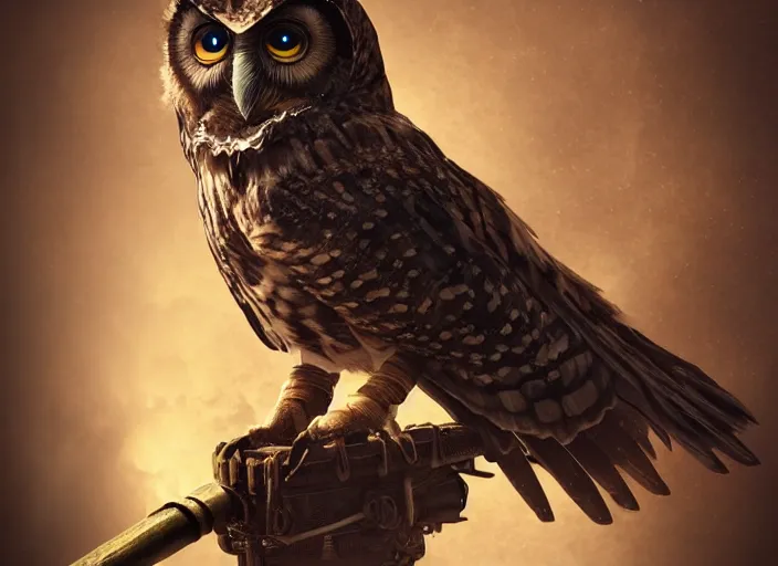 Image similar to a flying Warrior owl art nuveau, steampunk, symmetry, cinematic lighting , unreal engine,