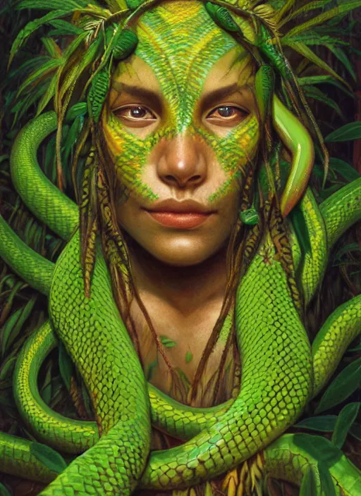 Prompt: the ayahuasca vine plant spirit mixed with the face of a beautiful indigenous woman in the jungle, with green snake skin and yellow snake eyes, beautiful colors, matte painting, by christophe vacher