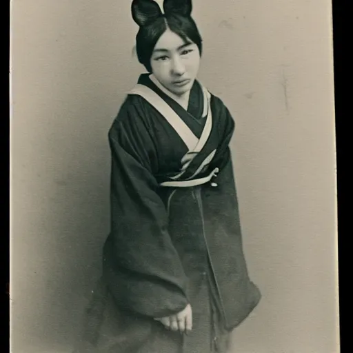 Image similar to first ever photograph of a catgirl, historic photograph, nekomimi cat ears, 19th century japan