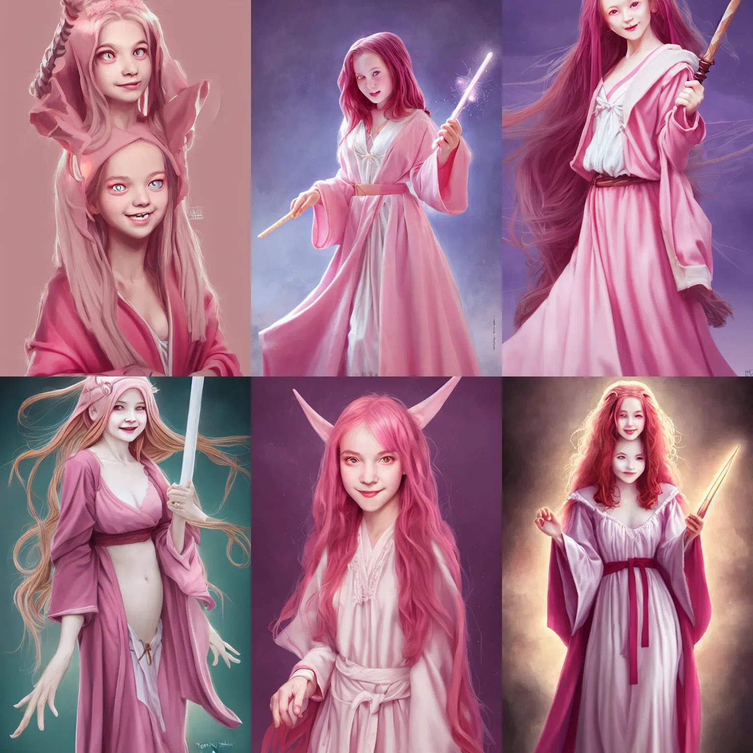 Prompt: Full portrait of a cute teenager girl, classical witch, classical robes, pastel pink robes, long light red hair, wooden magic wand, glowy pink eyes, pale skin, cute smile, D&D, DND, high fantasy, extremely detailed, by Tony Sart, by Leng Jun, by artgerm, by Craig Mullins, by James Jean, by Andrey Ryabovichev, by Mark Simonetti, by Peter Morbacher, matte painting, trending on Artstation, artstationHD, artstationHQ, cgsociety, octane