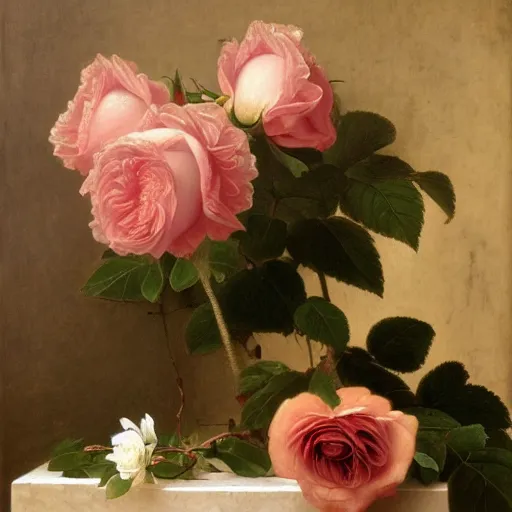 Image similar to A highly detailed and realistic rose, flourished, French Renaissance painting, still life, 4K, oil painting on canvas. By William Adolphe Bouguereau and Barret Frymire