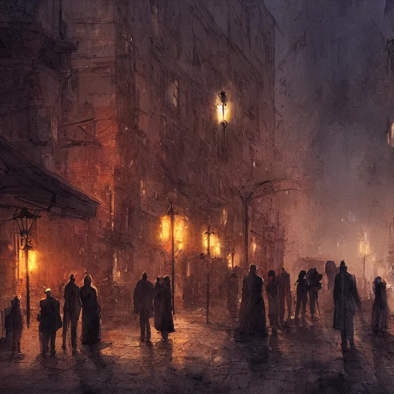 Prompt: some people waiting in a lone bus stop in qiet dark city, by marc simonetti