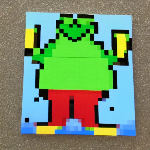 Image similar to 1 6 bit, pixel art, kermit the frog fighting a clown on the sidewalk, a clown is beat up on the floor by big kermit