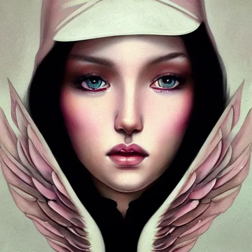 Image similar to A masterpiece portrait of a Incredibly beautiful queer girl with piercing and tatoo in nun hat. Incredible light. light night, artstation Masterpiece. Angel. Angel wings. light cute blush on face. medium shot, intricate, elegant, highly detailed. trending on artstation, digital art, by Stanley Artgerm Lau, WLOP, Rossdraws, James Jean, Andrei Riabovitchev, Marc Simonetti, Yoshitaka Amano. background by James Jean and Gustav Klimt, light by Julie Bell, 4k, porcelain skin. Octane render. epic dark fantasy.