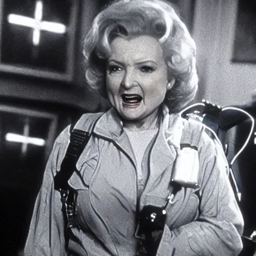 Prompt: stunning awe inspiring betty white as a ghostbuster in the movie ghostbusters, movie still 8 k hdr atmospheric lighting