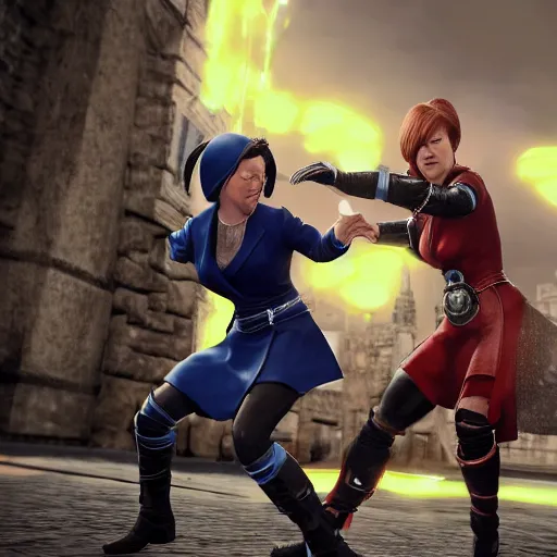 Image similar to Ultra HD Mortal Combat 9 screenshot of first Minister Nicola Sturgeon fighting for Scotland against conservative Mp Liz Truss in battle rendered in unreal engine, trending on art station, masterpiece