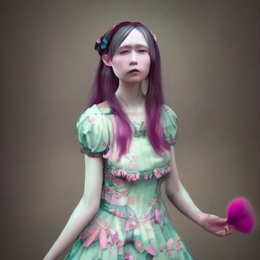 Prompt: 8 k, octane render, realism, tonalism, renaissance, rococo, baroque, cotton candy, portrait of a creepy young lady wearing long - harajuku manga flowers and skulls dress