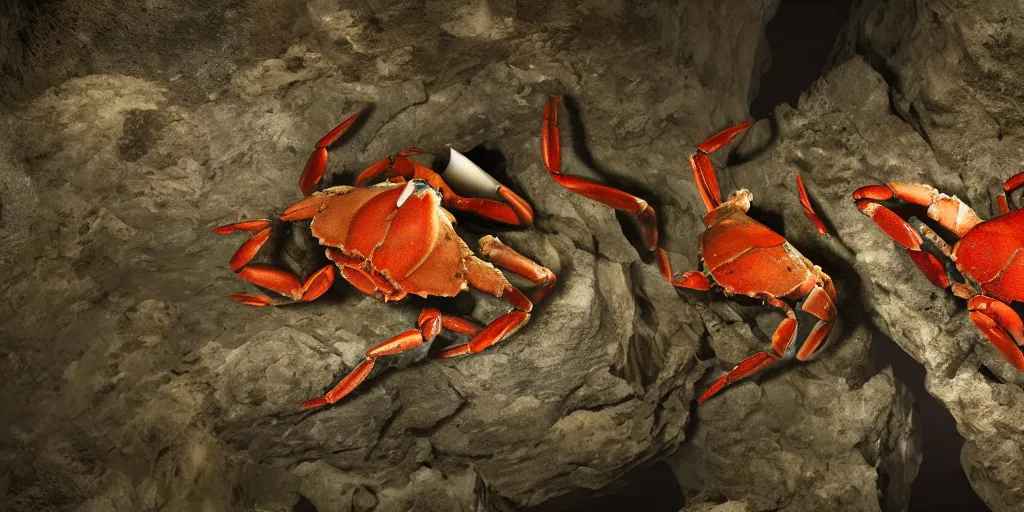 Image similar to crabs feeding on carrion inside of a dark cave, speleothems, geologic stratum, torch light, rituals, organs, extremely detailed, photorealistic, 4 k, 8 k