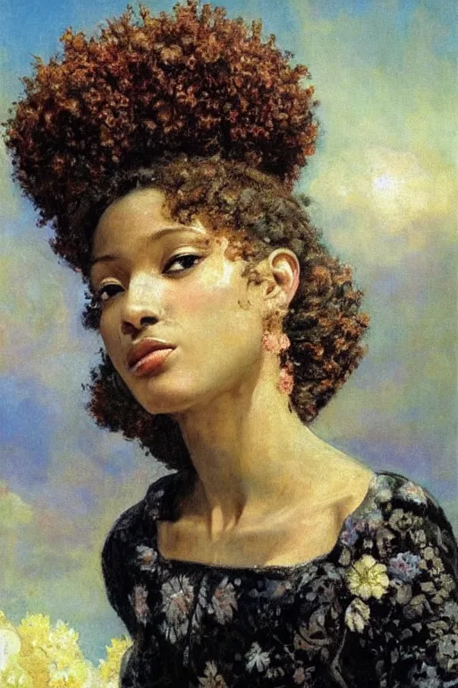 Image similar to close - up fashion afro woman portrait airy flowers cloudy sky art by vasnetsov