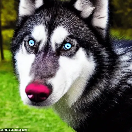 Image similar to a husky wearing a red shirt looks into a mirror and sees a majestic black wolf with golden eyes