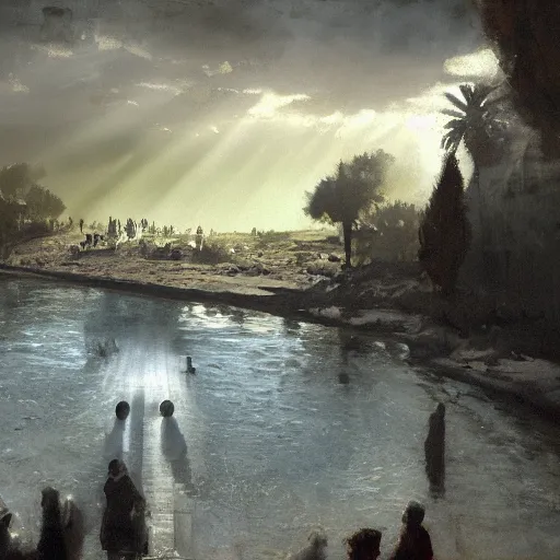 Image similar to painting of Christ coming up from beneath the water in the Jordan River, his eyes fixed toward the sky, his mouth agape, the sky is dark with god rays filtering through in the distance, a crowd looks on in silence in the far background, by Jeremy Mann, stylized, detailed, realistic, loose brush strokes