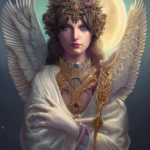 Image similar to A beautiful digital painting of a female Seraphim full of jewels, princess, the moon behind her, intricate, cinematic lighting, highly detailed, digital painting, Artstation, concept art, smooth, sharp focus, illustration, art by Tom Bagshaw, Artgerm and Greg Rutkowski