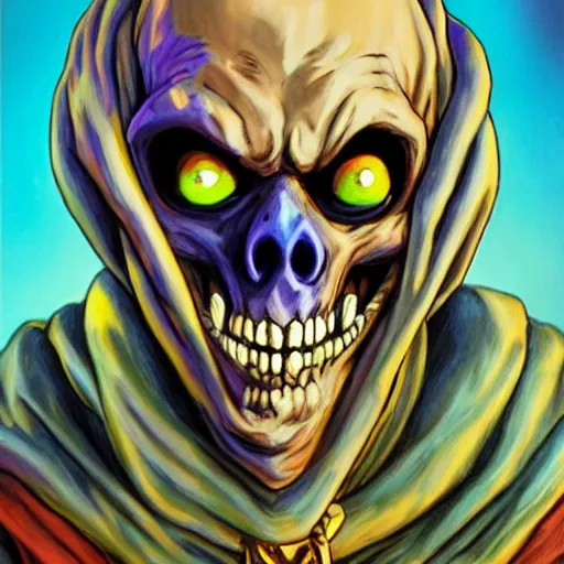 Prompt: ultra realistic portrait painting of skeletor as a jester, art by akira toriyama, 4 k, dragon ball artstyle, cel shaded, highly detailed, epic lighting