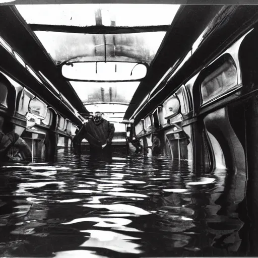 Image similar to almost completely flooded metro wagon. photo from inside the wagon, in the center of the frame stands one calm man up to his chest in water and looks at the camera. warm lighting, old color photo, ussr, extremely detailed, 8 k, vintage color