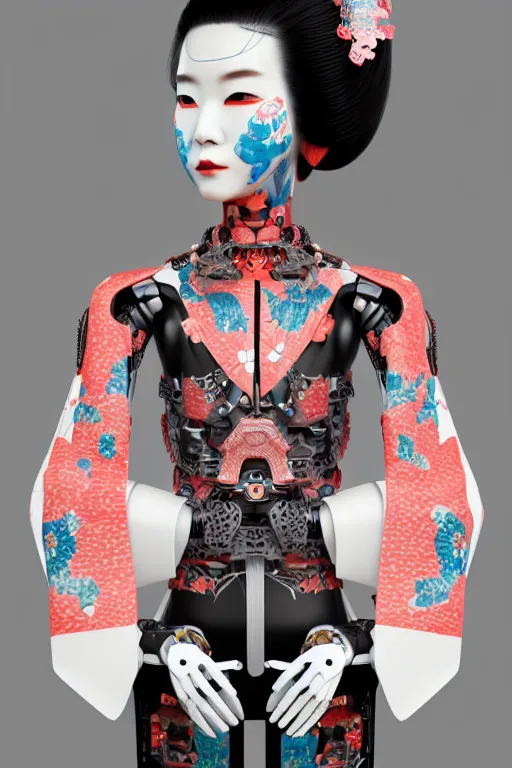 Image similar to full body portrait of a generative design exoskeleton Japanese robot geisha with kanji tattoos and decals wearing a digital pixelated kimono, intricate design, photorealistic, octane render, raytraced, ultra fine detailed, character design, trending on artstation