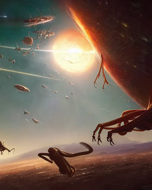 Prompt: a giant praying mantis in space eats planet, photo realistic, epic composition, epic light, high details by greg rutkowski and mark marc simonetti, game art, movie poster
