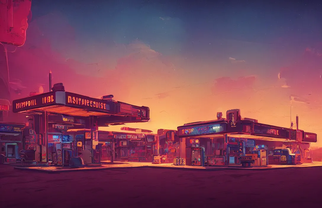 Image similar to raphael lacoste, bastien grivet, ross tran, a retro gas station in the dessert, retrowave, neon colors night, intricate details in environment, meeting point, luminance, golden ratio, high aestehtic, cinematic light, dramatic light, godrays, distance, clear atmosphere, photobash, wideangle, bierstadt,