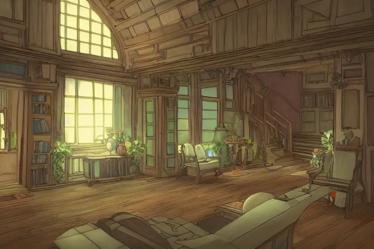 Image similar to interior wide angle shot of a fantasy coastal villa in the style of studio ghibli, moebius, makoto shinkai