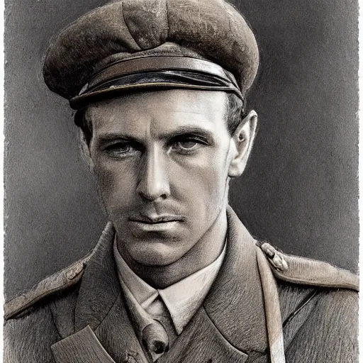 Image similar to a detailed photorealistic sepia - toned color line drawing of a 1 9 1 7 worried clean - shaven british lieutenant in detailed field gear not wearing a hat in wadi rum, ultra realistic, painted, intricate details, lovecraft, atmospheric, dark, horror, brooding, highly detailed, by clyde caldwell