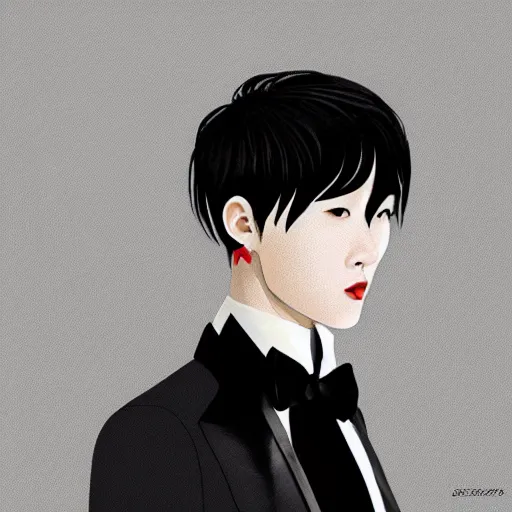 Image similar to portrait of a beautiful korean girl wearing a men's tuxedo, with short messy hair, men's haircut, angular features, angry expression, digital art, elegant pose, detailed illustration