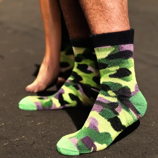 Image similar to My boss is wearing fluffy camo socks