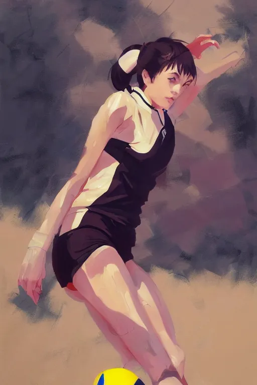 Prompt: A ultradetailed beautiful panting of a stylish woman playing volleyball, Oil painting, by Ilya Kuvshinov, Greg Rutkowski and Makoto Shinkai