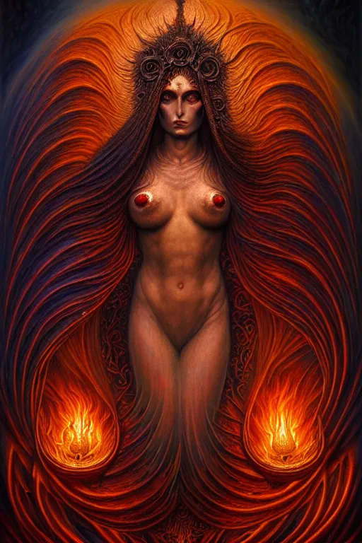 Image similar to A beautiful detailed godness woman super dark tarot card, by tomasz alen kopera and Justin Gerard, symmetrical features, ominous, magical realism, texture, intricate, ornate, royally decorated, melting, whirling smoke, embers, red adornements, red torn fabric, radiant colors, fantasy, trending on artstation, volumetric lighting, micro details, 3d sculpture, ray tracing, 8k, anaglyph effect